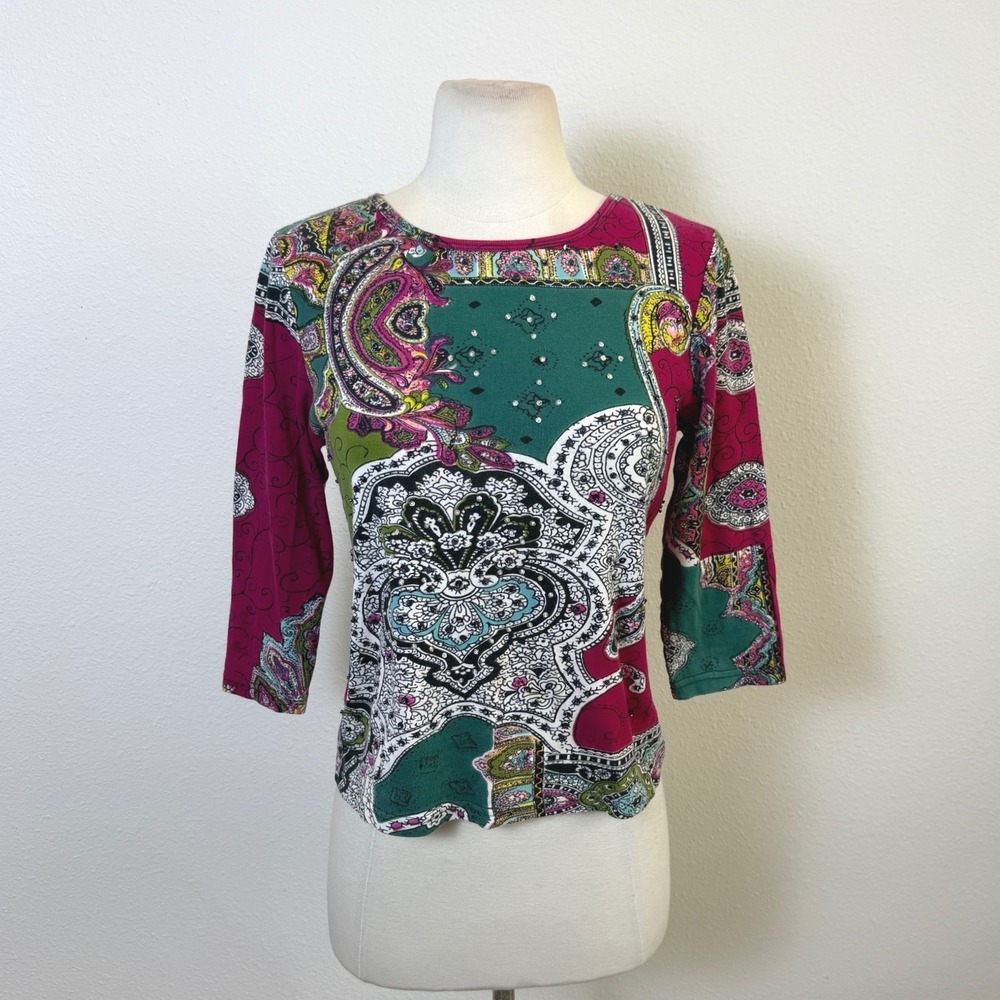 Vtg Take Two Euro Quarter Sleeve Top Womens Medium Y2K Sequin Paisley Retro